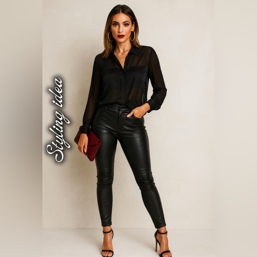 Eileen Fisher SZ M 100% Black Silk Long Sleeve button up blouse quiet luxury